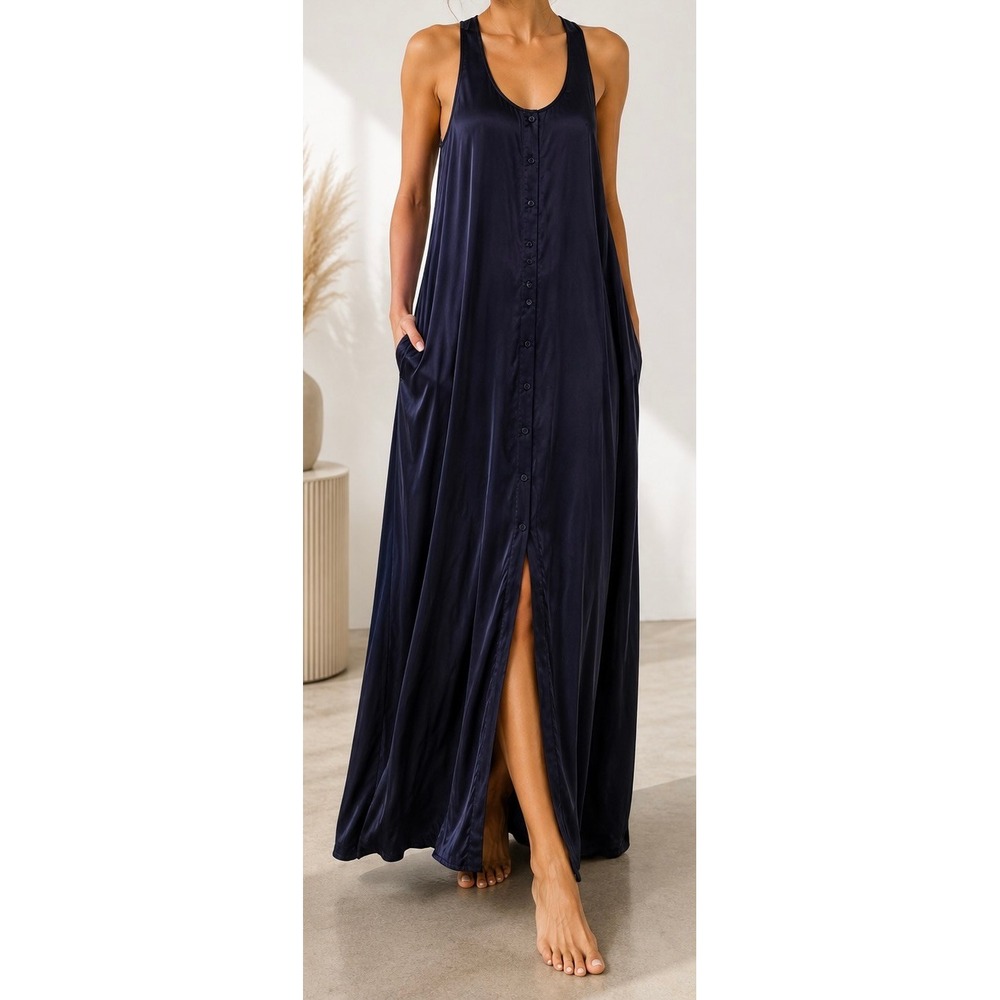 Lunya Washable Silk Maxi Dress Navy S Button Front Racerback Sleeveless